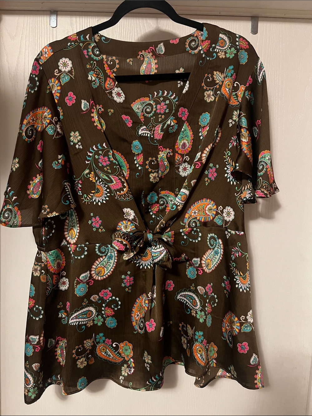 Women’s Paisley Tie-Front Blouse - Brown/Multicolor